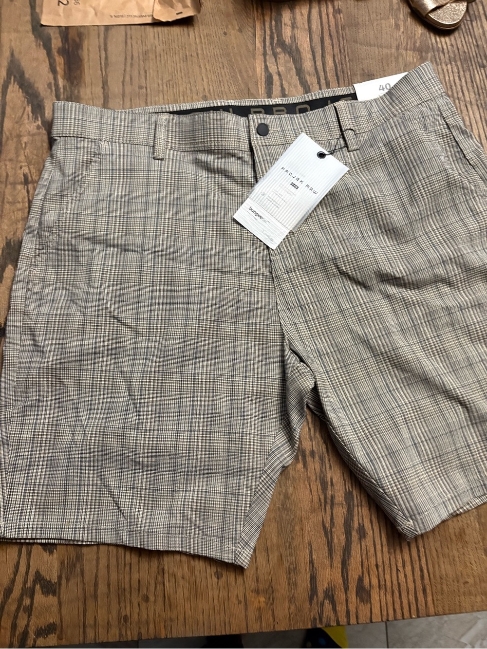 Modern Plaid Flat-Front Shorts in Tan
